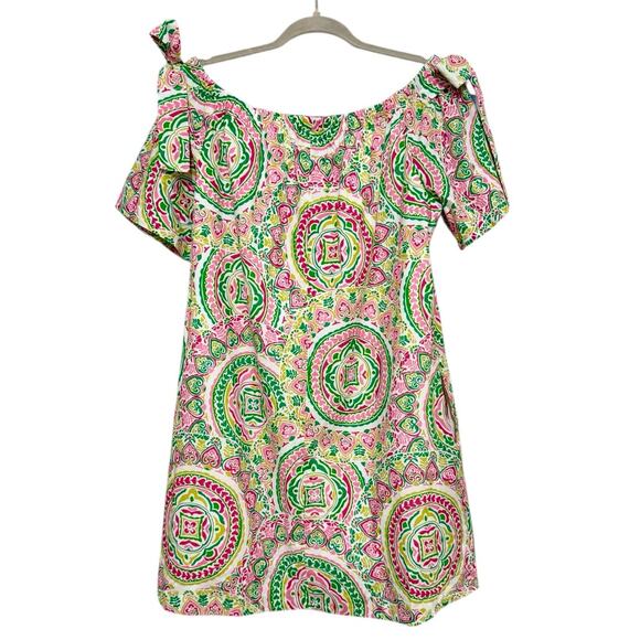 TAHARI Off the Shoulder Mini Dress Womens 12 Lined Beachy Boho Green Pink Preppy - Picture 1 of 7